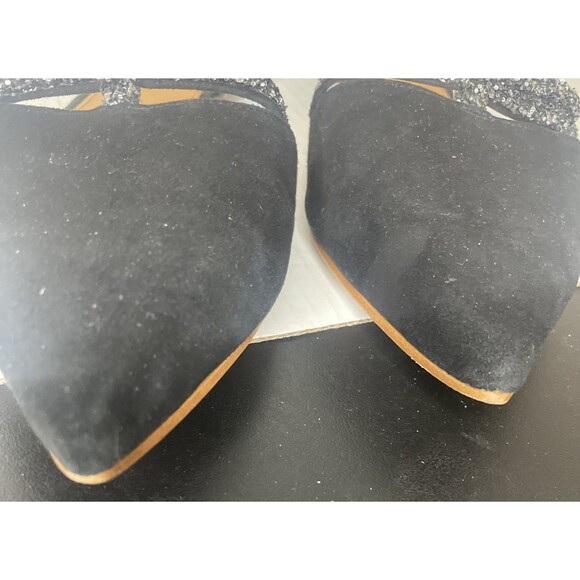 J. Crew Flats 12 Black D'Orsay Suede Glitter Bow Pointed Toe Career Classy Chic - Picture 4 of 16